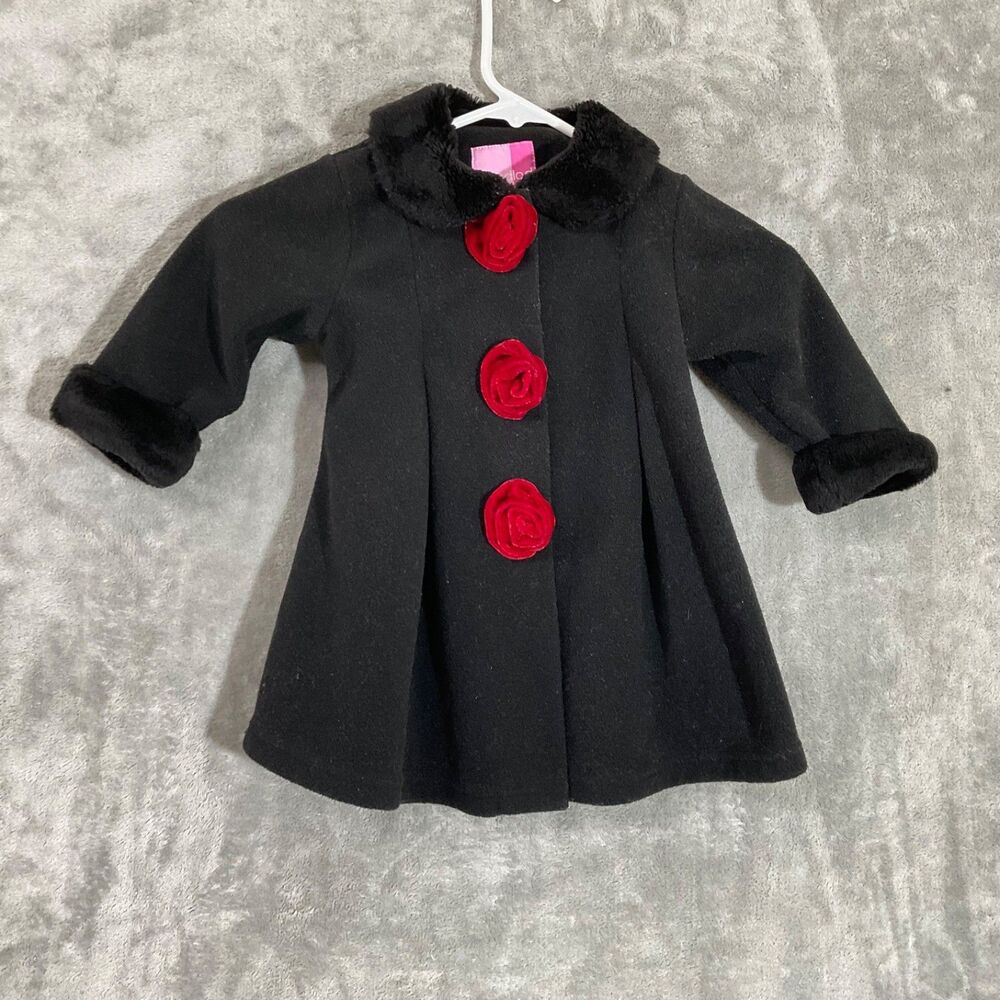 Goodlad Toddler Girl's 18M Dress Coat fleece black w red rose Trim Holiday